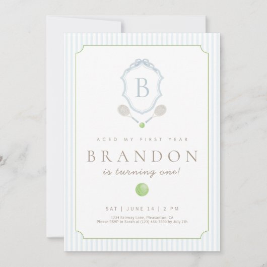 Blue Preppy Tennis Crest 1st Birthday invite Bedankkaart (Voorkant)
