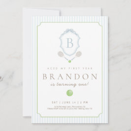 Blue Preppy Tennis Crest 1st Birthday invite Bedankkaart