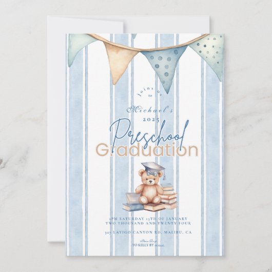 Blue Preschool Teddy Bear Afstuderen Kaart (Voorkant)