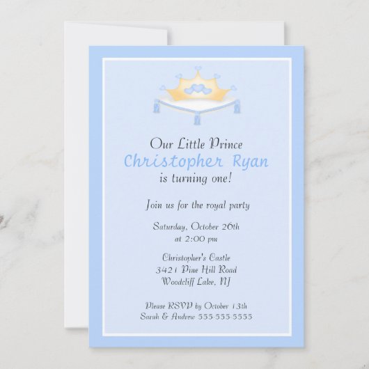 Blue Prince Crown Birthday Party Invitation Kaart (Voorkant)