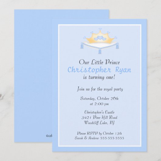 Blue Prince Crown Birthday Party Invitation Kaart (Voorkant / Achterkant)