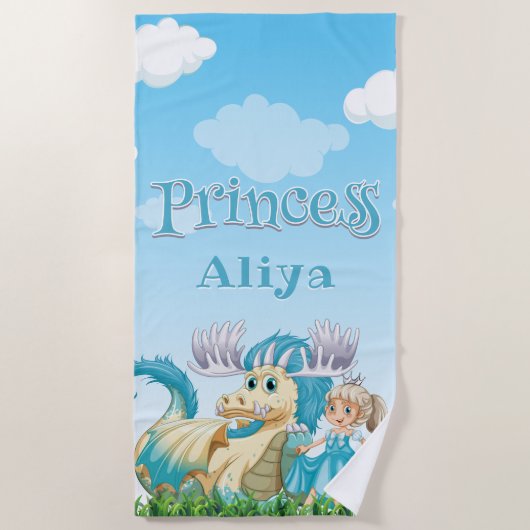 Blue Princess and Dragon Custom Name Strandlaken (Voorkant)