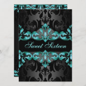 Blue Princess Damask Sweet16 Birthday Invite Kaart (Voorkant / Achterkant)