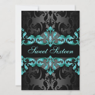 Blue Princess Damask Sweet16 Birthday Invite Kaart