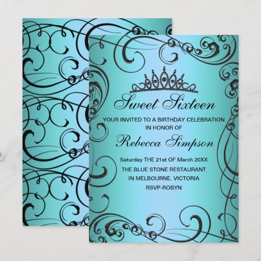 Blue Princess Sweet 16 Verjaardag Uitnodiging (Voorkant / Achterkant)