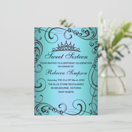 Blue Princess Sweet 16 Verjaardag Uitnodiging (Staand voorkant)