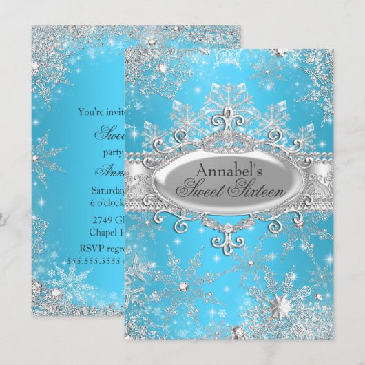 Blue Princess Winter Wonderland Sweet 16 Invite Kaart (Voorkant / Achterkant)