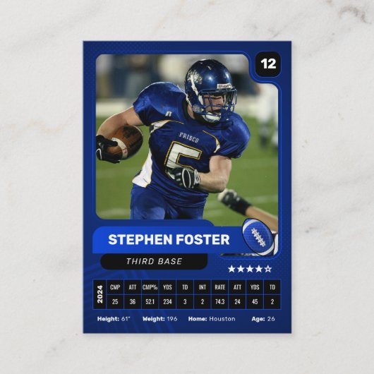 Blue Pro American Football Player Trading Kaart Contactkaartje (Voorkant)