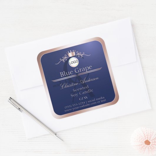 Blue Product Label Rose Gold Frame Logo Monogram (Envelop)