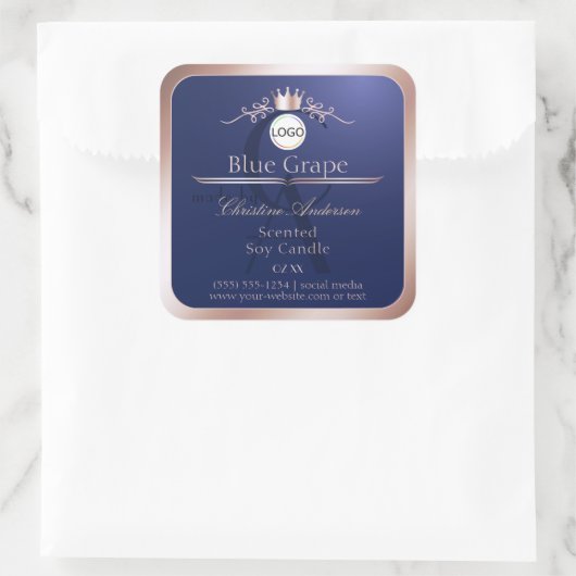 Blue Product Label Rose Gold Frame Logo Monogram (Tas)