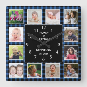 Blue Pset 12 Photo Collage Family Quote Kerstmis Vierkante Klok
