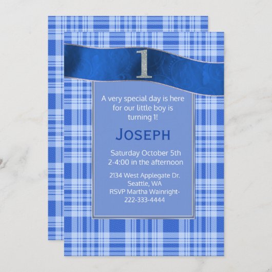 Blue Pset Baby Boy First Birthday Invitation Kaart (Voorkant / Achterkant)