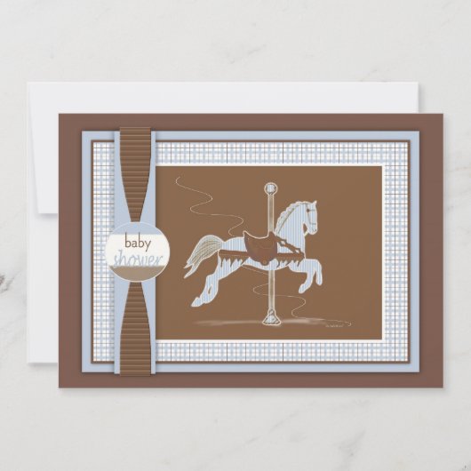 Blue Pset Carousel Horse Baby shower Invitation Kaart (Voorkant)