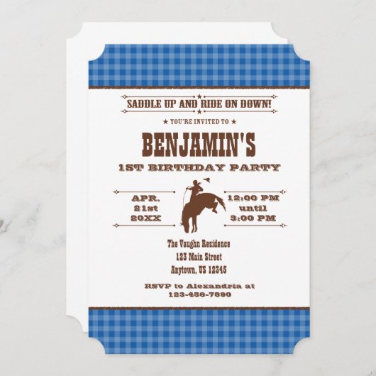 Blue Pset Cowboy Rodeo Birthday Uitnodiging (Voorkant / Achterkant)