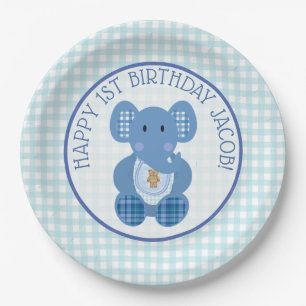 Blue Pset Elephant Happy 1st Birthday Bord