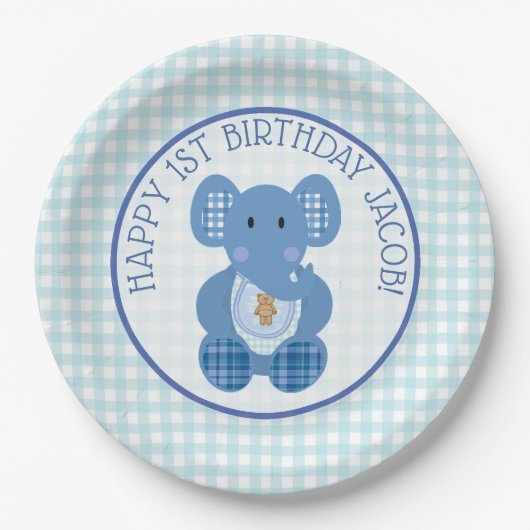 Blue Pset Elephant Happy 1st Birthday Bord (Voorkant)