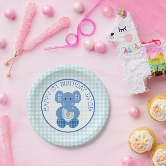 Blue Pset Elephant Happy 1st Birthday Bord (Feest)