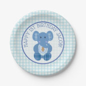Blue Pset Elephant Happy 1st Birthday Bord (Voorkant)