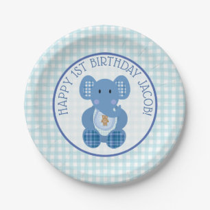 Blue Pset Elephant Happy 1st Birthday Bord