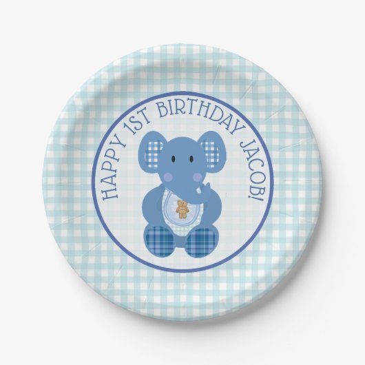 Blue Pset Elephant Happy 1st Birthday Bord (Voorkant)