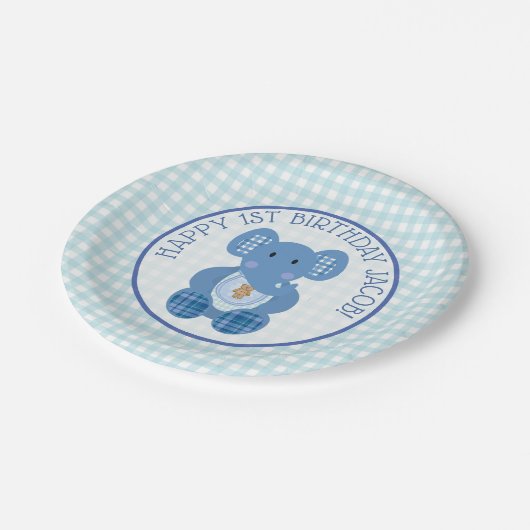 Blue Pset Elephant Happy 1st Birthday Bord (Gekanteld)
