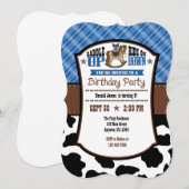 Blue Pset Koeienhuid Cowboy Birthday Invite Kaart (Voorkant / Achterkant)