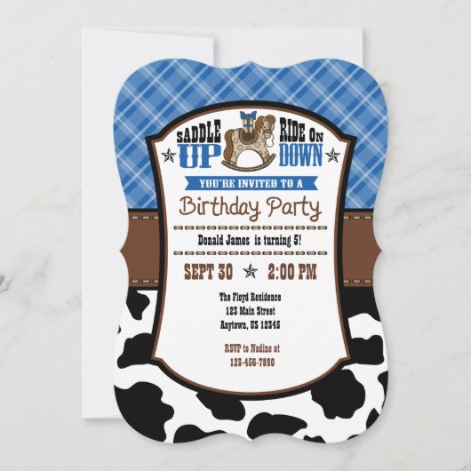 Blue Pset Koeienhuid Cowboy Birthday Invite Kaart (Voorkant)