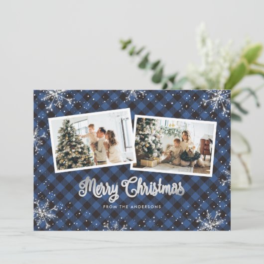 Blue Pset Silver Snowflake Photo met kerstkaart (Staand voorkant)