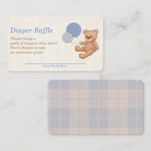 Blue Pset Teddy Bear Baby shower Diaper Raffle Informatiekaartje (Voorkant / Achterkant)