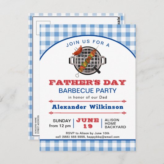 Blue Pset Vaderdag BBQ Party Invitation Briefkaart (Voorkant / Achterkant)