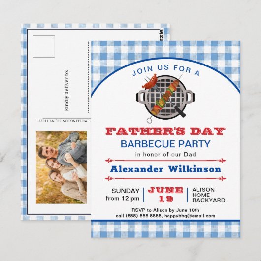Blue Pset Vaderdag Photo BBQ Uitnodiging (Voorkant / Achterkant)