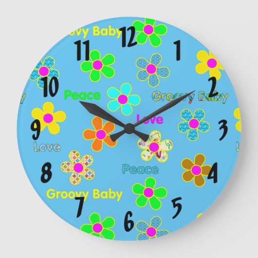 Blue Psychedelic 60s Groovy Flowers Pattern Grote Klok (Voorkant)