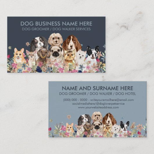 Blue Pug Chihuahua Corgi Poodle Bulldog Dogs Visitekaartje (Voorkant / Achterkant)