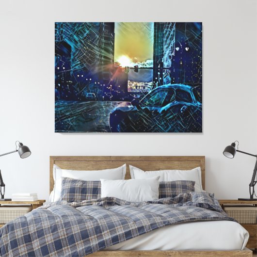 Blue Pulse Detroit Sunset - Elektrische stad vibes Canvas Afdruk (Insitu (Slaapkamer))