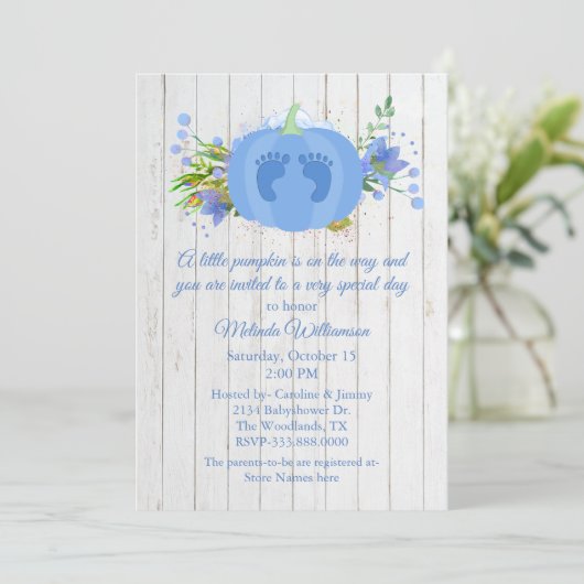 Blue Pumpkin Baby shower Invitation Kaart (Staand voorkant)