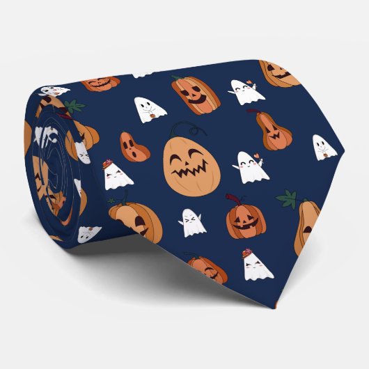 Blue Pumpkin en Ghosts Halloween Pattern Stropdas (Opgerold)