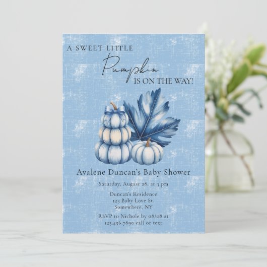 Blue Pumpkin en Leaf Boy Baby shower Kaart (Staand voorkant)