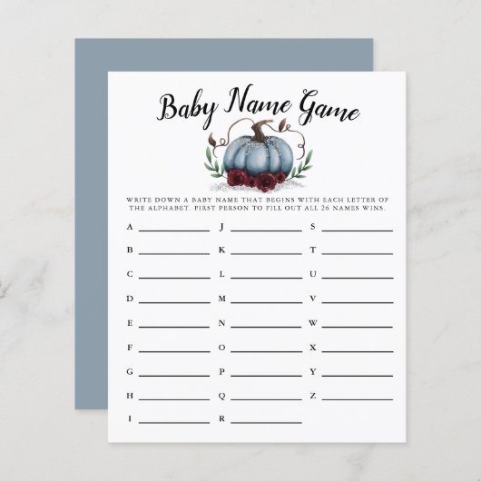 Blue Pumpkin Girl Baby Name Shower Game (Voorkant / Achterkant)