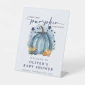 Blue Pumpkin op zijn weg Boy Baby shower Welkom Reclamebord Met Voetstuk (Voorkant)
