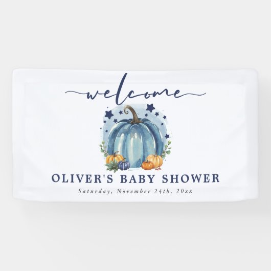 Blue Pumpkin op zijn weg Boy Baby shower Welkom Spandoek (Horizontaal)