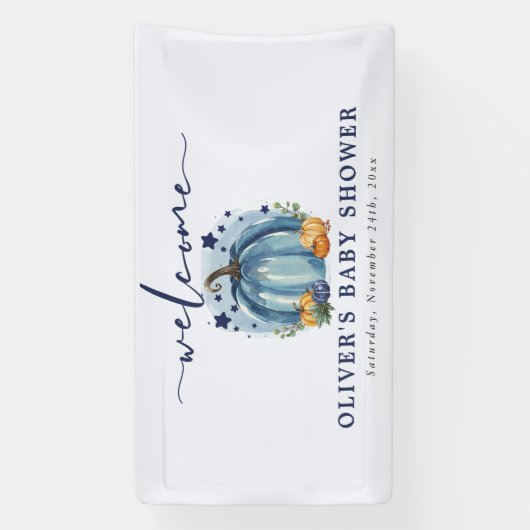 Blue Pumpkin op zijn weg Boy Baby shower Welkom Spandoek (Verticaal)