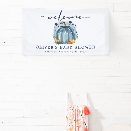 Blue Pumpkin op zijn weg Boy Baby shower Welkom Spandoek (Insitu)