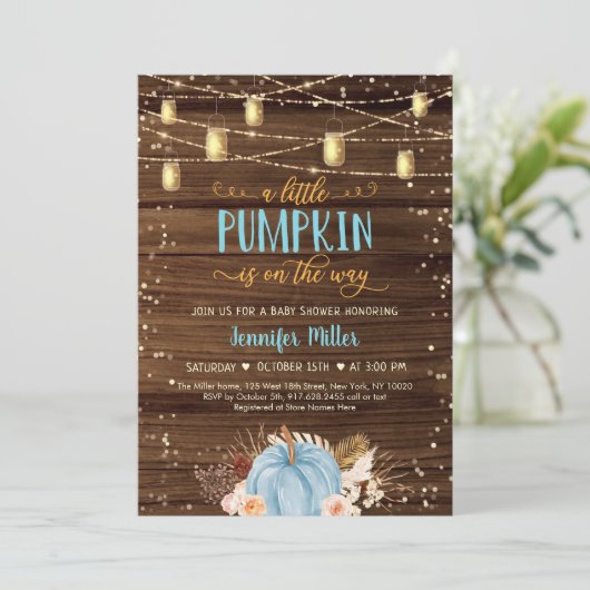 Blue Pumpkin Rustic String Lights Baby shower Kaart (Staand voorkant)