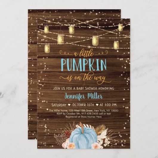 Blue Pumpkin Rustic String Lights Baby shower Kaart (Voorkant / Achterkant)