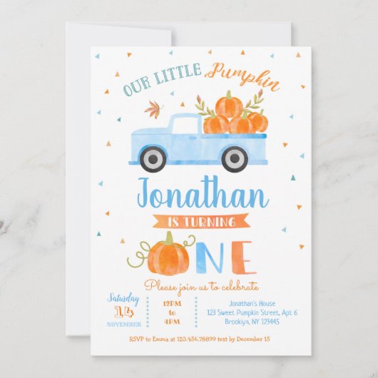 Blue Pumpkin Truck 1st Birthday Invitation Boy Kaart (Voorkant)
