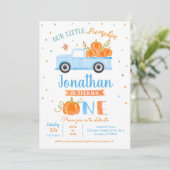Blue Pumpkin Truck 1st Birthday Invitation Boy Kaart (Staand voorkant)