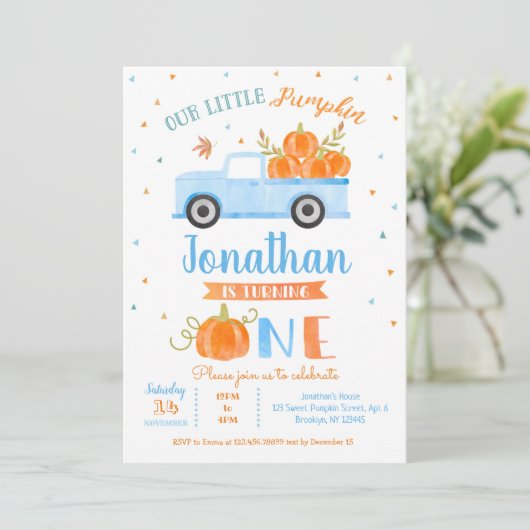 Blue Pumpkin Truck 1st Birthday Invitation Boy Kaart (Staand voorkant)