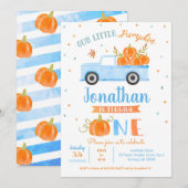 Blue Pumpkin Truck 1st Birthday Invitation Boy Kaart (Voorkant / Achterkant)