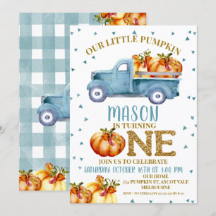 Blue Pumpkin Truck 1st Birthday Invitation Kaart