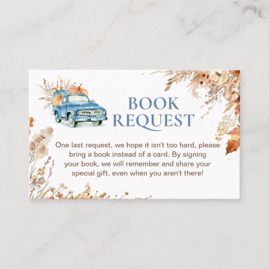 Blue Pumpkin Truck Baby shower Book Request Insert Visitekaartje (Voorkant)